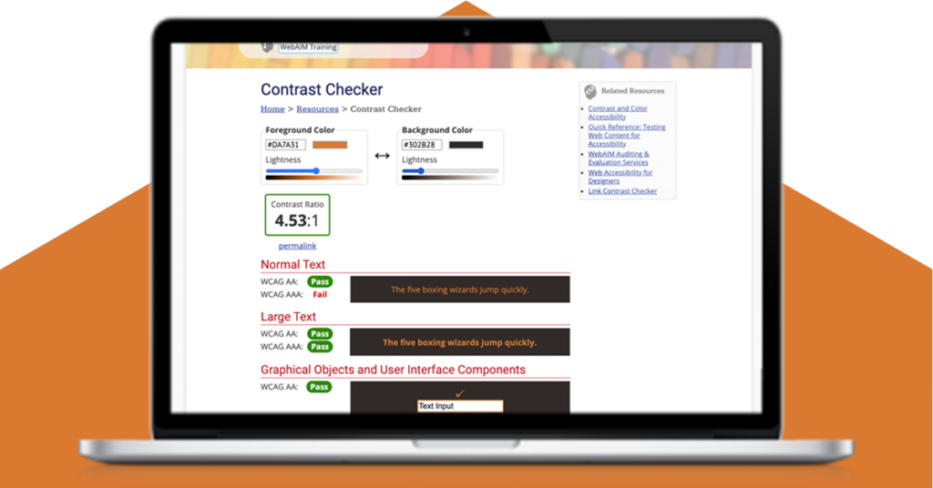 webaim's colour contrast checker, demonstrating a pass between a dark grey background and light orange text