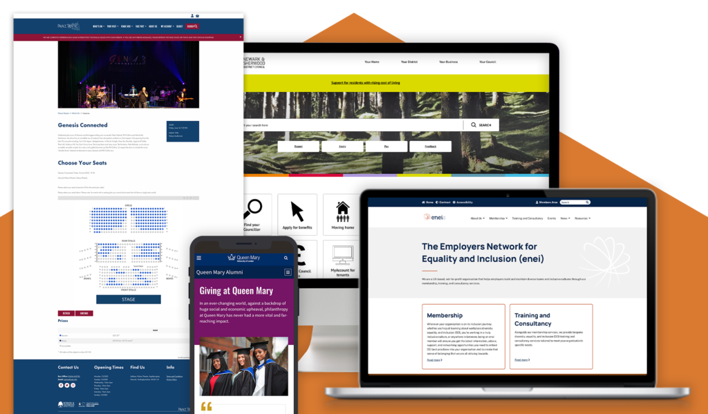 a website showing the members log in area for enei's website, a mobile phone displaying the Giving section on QMUL's Alumni site, a desktop monitor with Newark & Sherwood District Council's homepage and the event booking of Palace Theatre Newark's site
