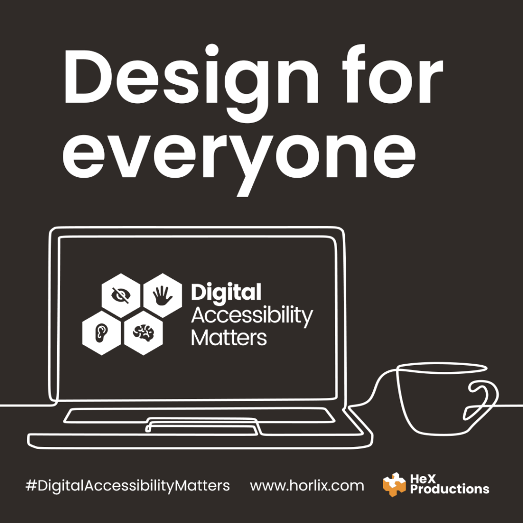 a laptop on a desk next to a cup of coffee, on the screen is the Digital Accessibility Matters logo, with the wording "Design for everyone" above