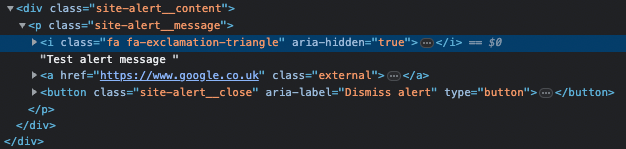 a test alert message on code which is highlighted: <i class="fa fa-exclamation-triangle" aria-hidden="true">...</i> == $0