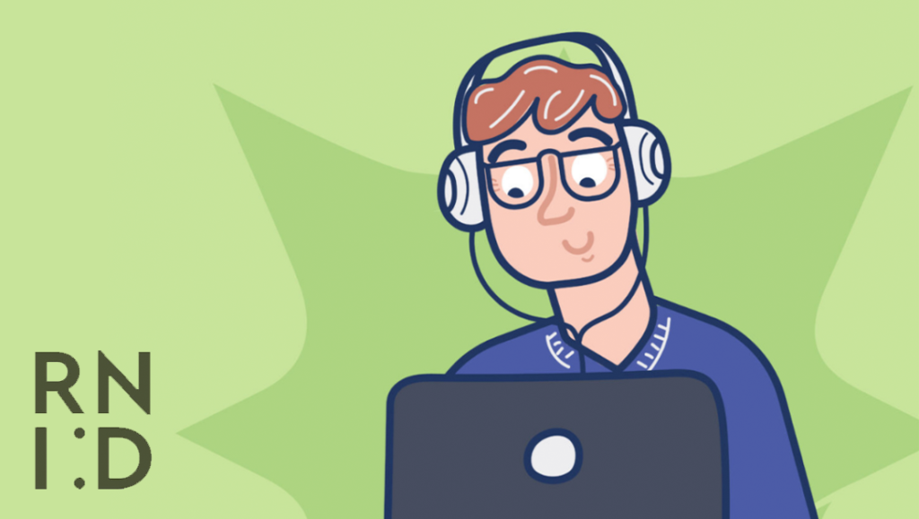 a cartoon of a man with short reddish-brown hair sat in front of a laptop with a headset on