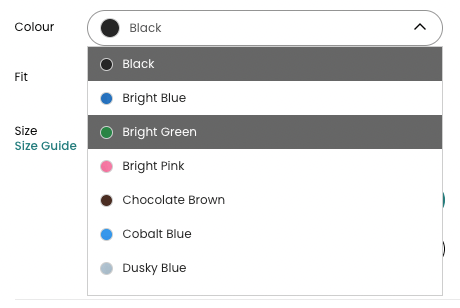an example of a good drop down menu listing all of the colours available for women's t-shirts, with "bright green" being highligted