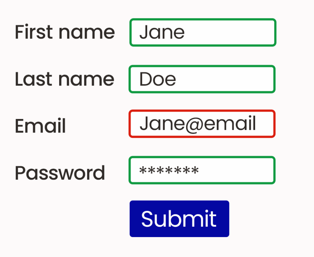 an example of a form which has green borders around the correctly completed sections and a red border around an error