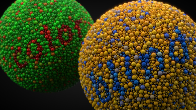 two balls with a colour blind test on them, one is green with tiny red balls spelling out the word "colour" and the other is yellow with blue balls spelling out "blind"