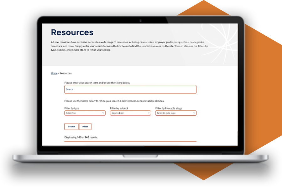 a laptop showing the resources area of the enei website