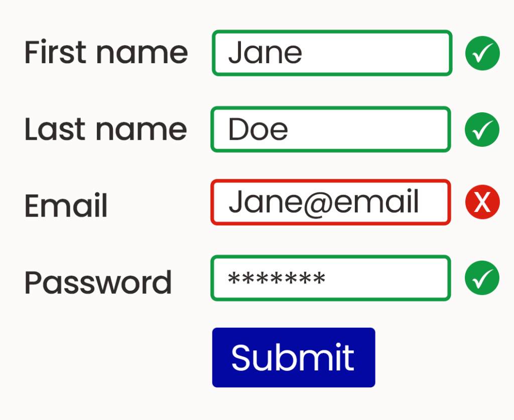 an example of a form which has green borders around the correctly completed sections and a red border around an error. Next to each also has ticks and crosses.