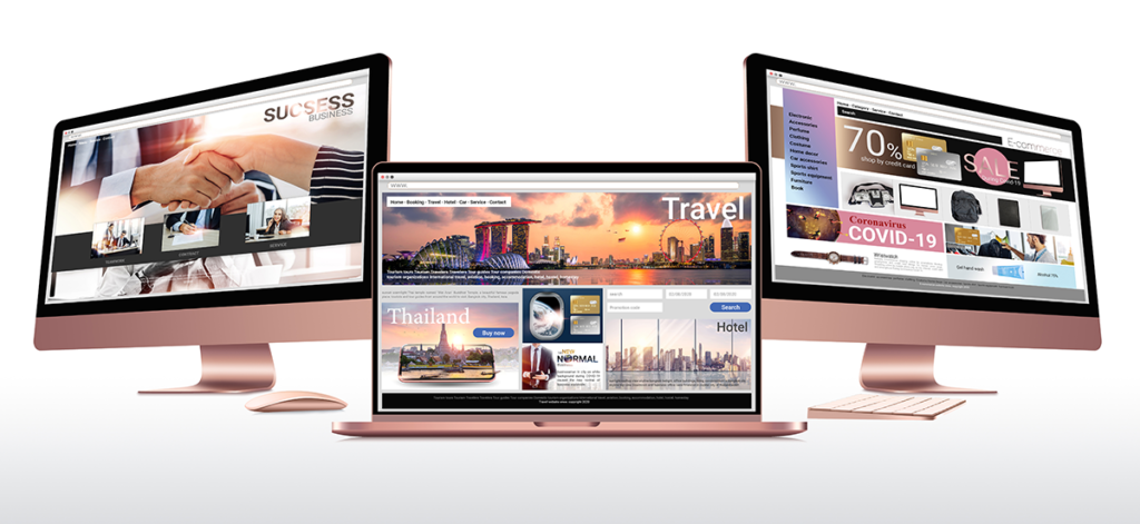 two rose coloured desktop computers and a laptop each displaying different types of websites. One is a travel website with striking imagery of Singapore's skyline and temples in Thailand displayed. Another is a business website, which features corporate imagery such as people shaking hand on a job well done, and the final website is a sales website, featuring items such as bags, watches, and clothing, with a large 70% off image.