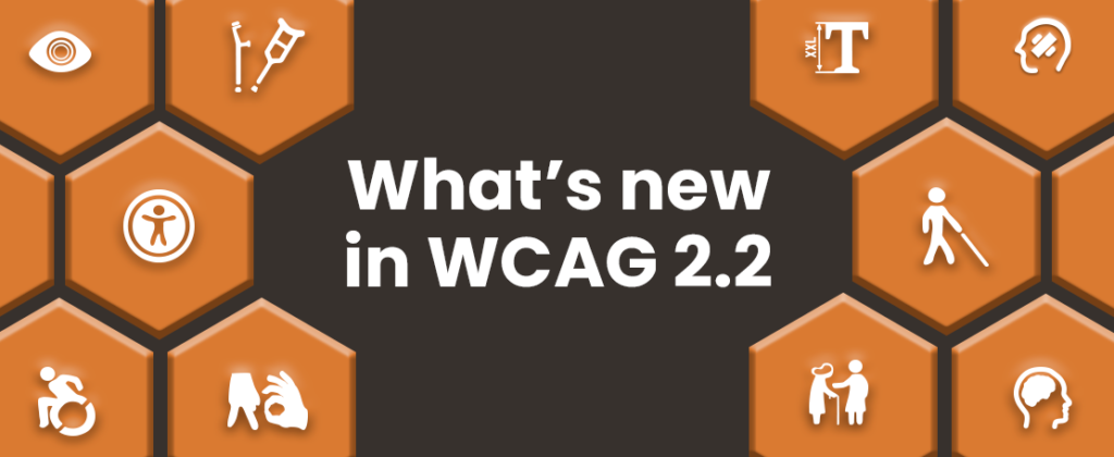 A black background has numerous icons across it, such as visual, cognitive, auditory, and neurological. Next to them is text which reads "what's new in WCAG 2.2"