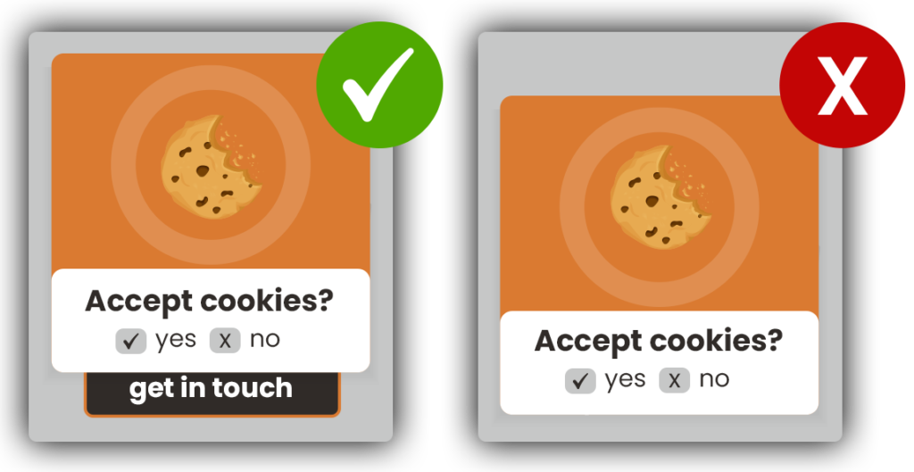 two examples of a cookie popup, one of which is totally obscuring a get in touch button, the other has the popup appearing higher allowing users to see the majority of the button and its text