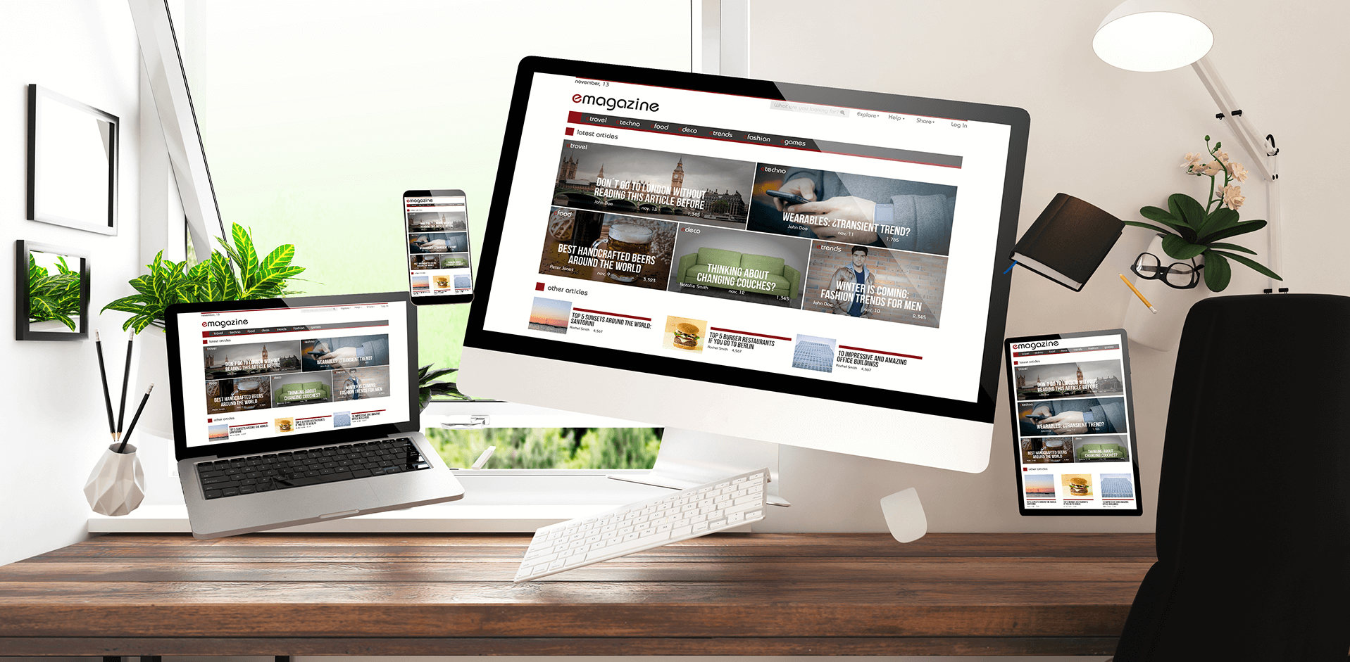 a desk has a monitor, tablet, laptop and mobile phone hovering above it. Each are displaying e-magazine news stories