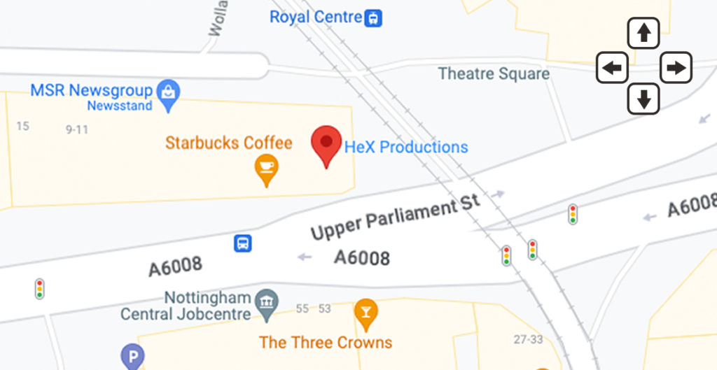 a map displaying HeX Productions office in Nottingham. In the right-hand corner of the map are four arrow buttons to aid with navigation