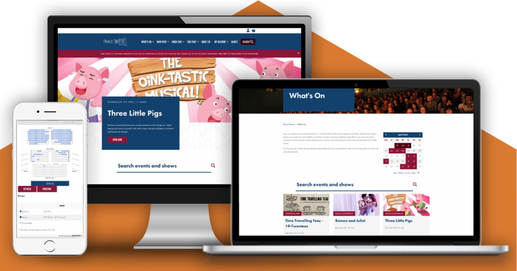 a desktop monitor displaying the Palace Theatre's home page, a laptop displaying their What's On page and a mobile phone showing seat booking integration