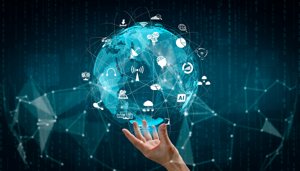 someone's hand is holding a globe which has connections lines orbiting it. Within the lines are a range of ions, such as AI, settings, graphs, audio, media and more.