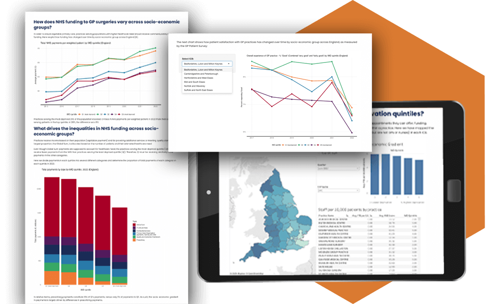 examples of Health Equity's striking graphs, presenting information in bar charts, line graphs and interactive maps