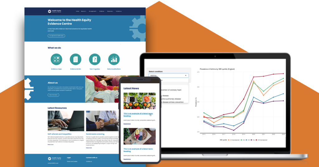 the Health Equity Evidence Centre's website has a mobile phone displaying call-to-action blacks for news items, and a laptop is showing a line graph with a drop drown menu to toggle between information.