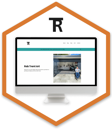 Rob Trent's new website is displayed on a desktop monitor within an orange hexagon, with Rob's logo hovering above.