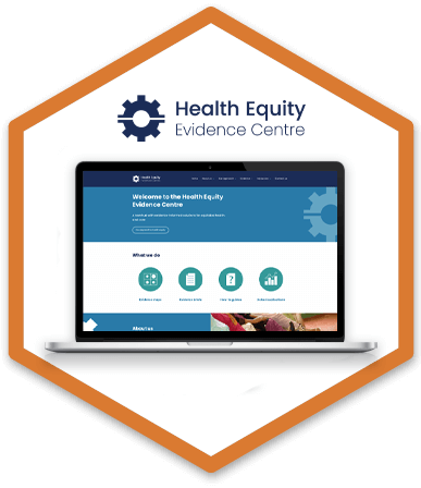 The Health Equity logo has a laptop underneath which is displaying the Evidence Centre's homepage
