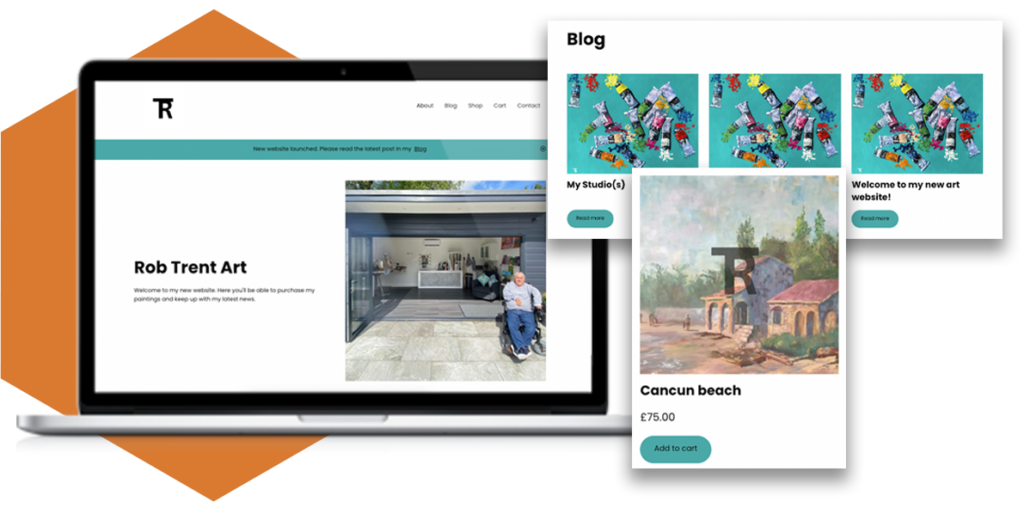 Rob Trent's new website is being displayed on a silver laptop, coming out from the screen are striking call-to-action blocks to entice users to read blogs and purchase artwork