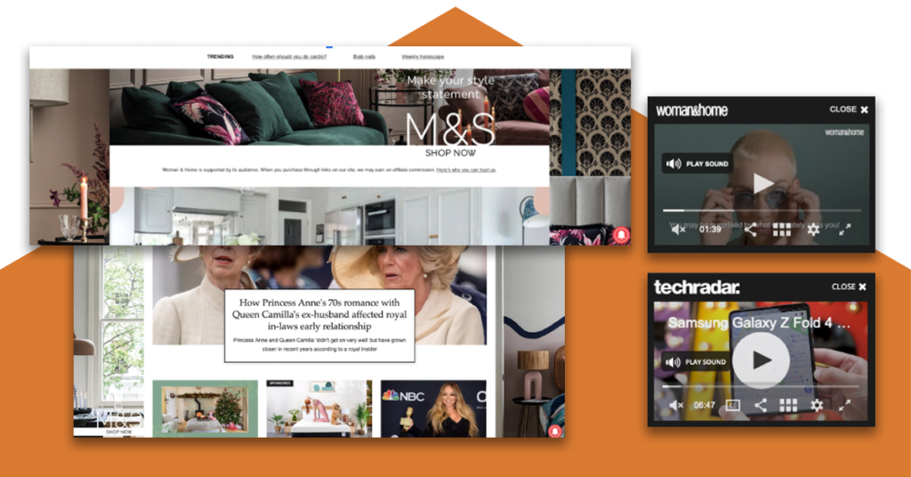 Screenshots from Techradar and Woman & Home showing autoplaying videos and carousel adverts without pause features being present