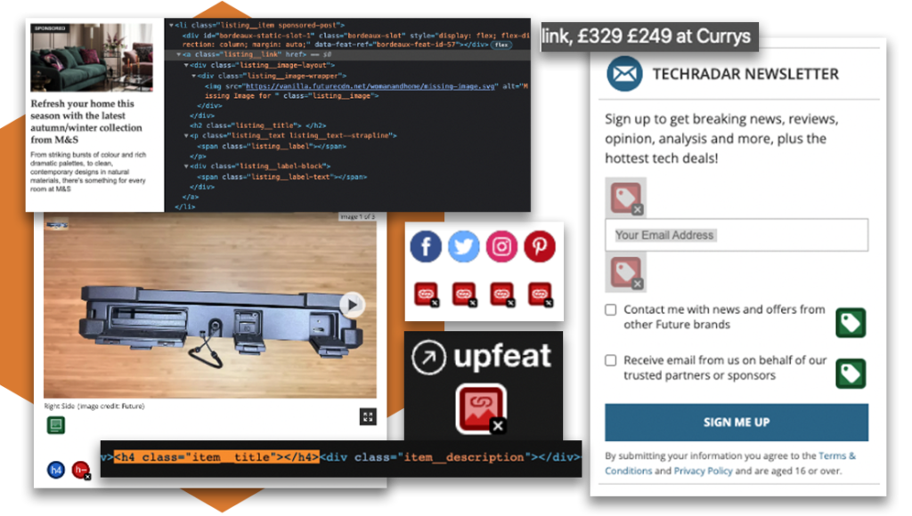 A series of accessibility errors from Techradar and Woman & Home websites, showing items such as link text with no context, and problems within the coding