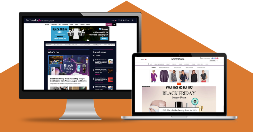 a desktop monitor is displaying techradar's homepage and a laptop is showing woman & home's website
