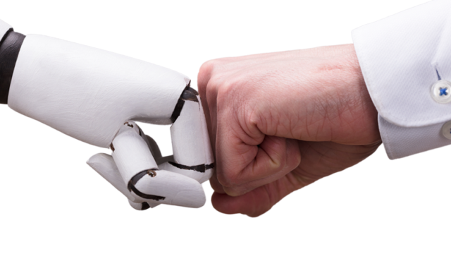 a white robotic arm is reaching across a white background to fist bump with a human hand