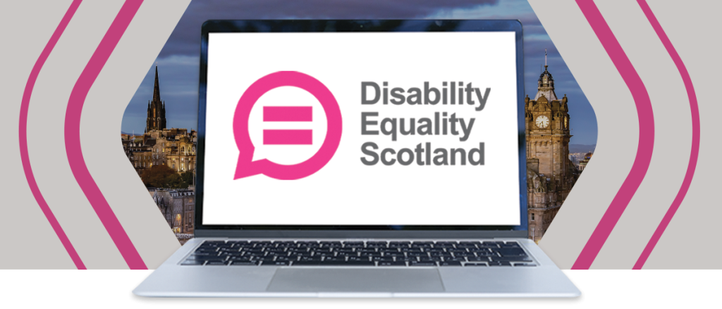 The skyline of Edinburgh at dusk has a laptop overlayed on top with Disability Equality Scotland’s logo displayed on the screen.