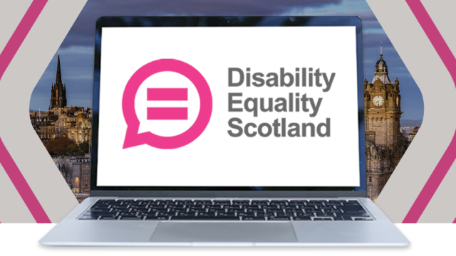 The skyline of Edinburgh at dusk has a laptop overlayed on top with Disability Equality Scotland’s logo displayed on the screen.