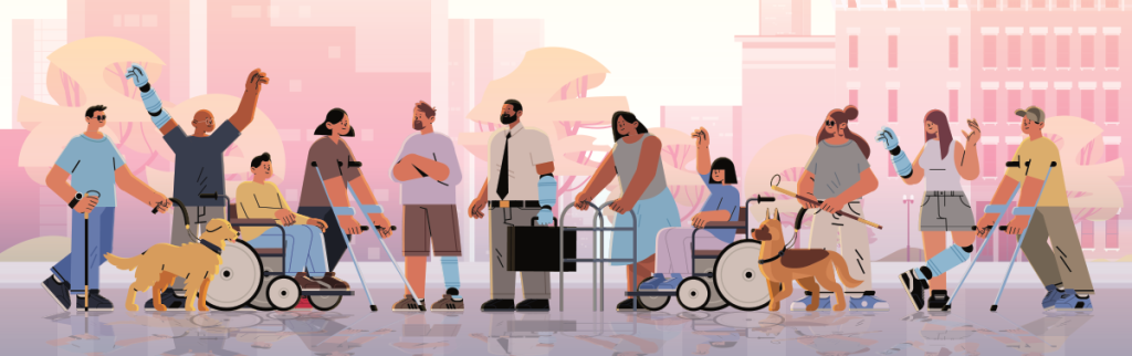 Illustrated people, who have varying disabilities such as prosthetic limbs, someone who is blind with a guide dog, a wheelchair user, and people with temporary impairments due to injuries, are stood outside of an office block.