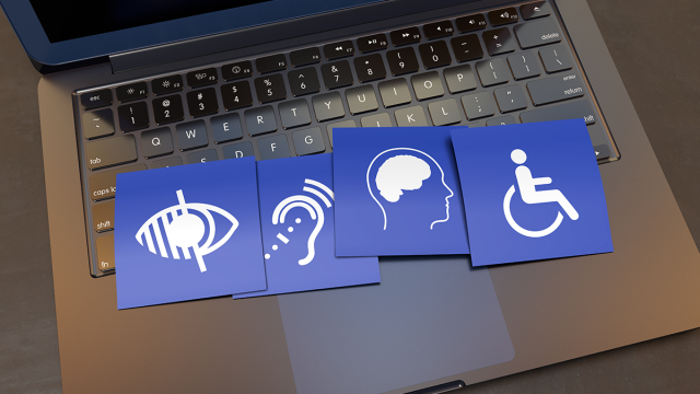 a black laptop has four blue cards laying on the keys. On the cards are icons for wheelchair users, cognitive disabilities, visually impairments, and people who are Deaf and hard of hearing.