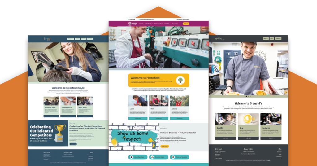 Three screenshots of homepages for Homefield College, Brewards Coffee Shop, and Spectrum Style and side by side on an orange hexagon