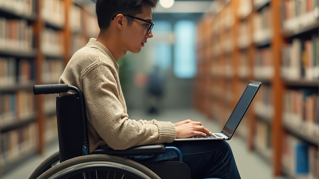 A student is in a library. The student is a white male, with short brown hair and is wearing glasses and a cream jumper. He is a wheelchair user who is accessing a website on a laptop to search for an eligible course during Clearing.