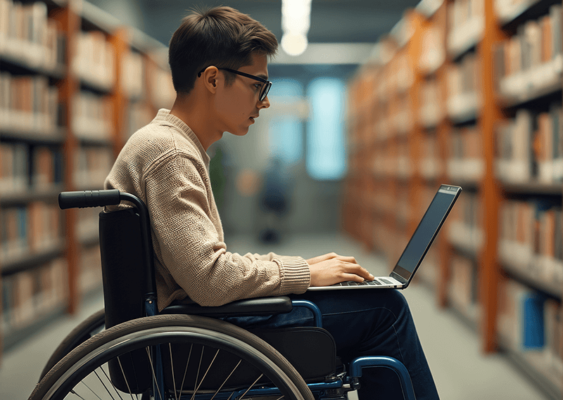 A student is in a library. The student is a white male, with short brown hair and is wearing glasses and a cream jumper. He is a wheelchair user who is accessing a website on a laptop to search for an eligible course during Clearing.