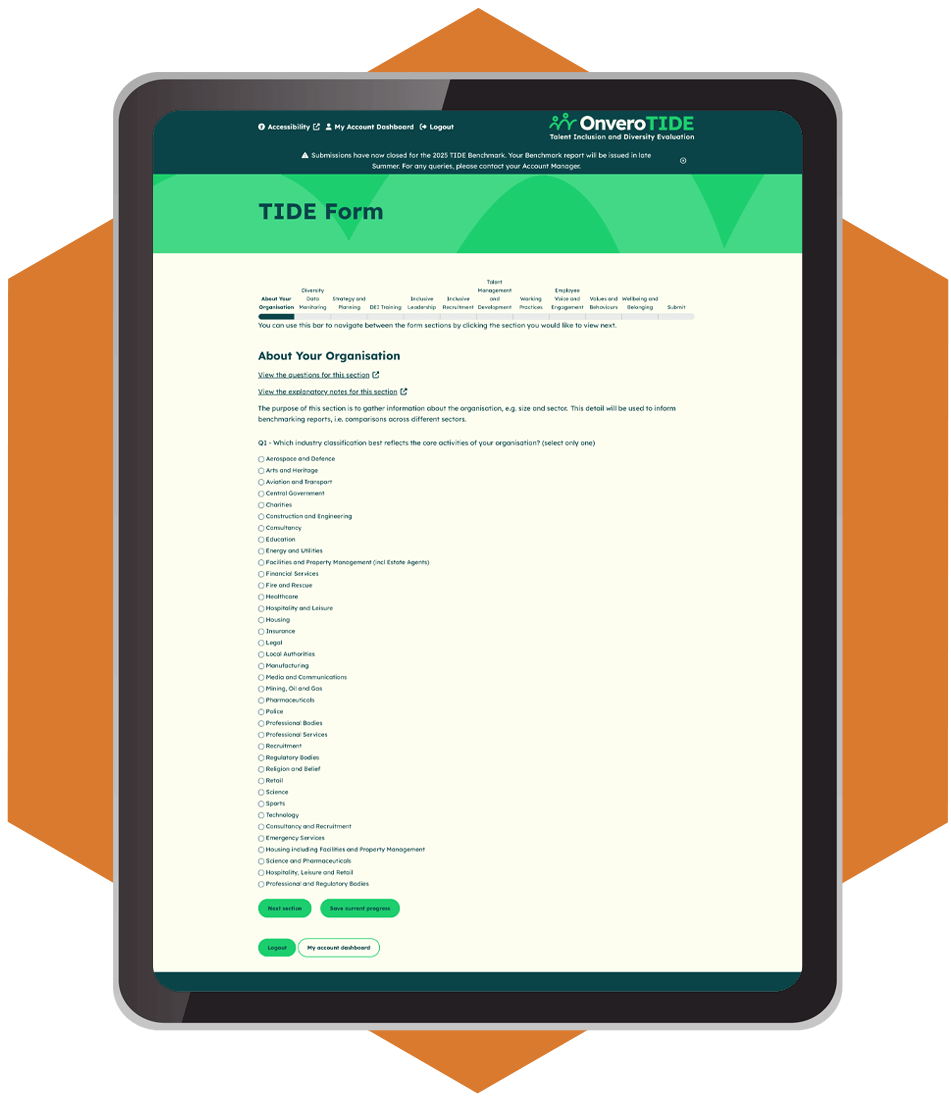 A tablet is displaying Onvero's TIDE system, which is asking multiple choice questions about the organisation