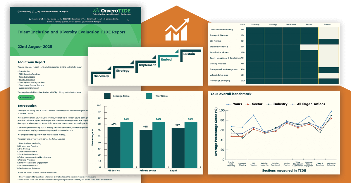 A completed TIDE benchmarking solution is displayed as a web page report, alongside varying graphs and charts to give a visual representation of the organisation's level of Talent, Inclusion, and Diversity.