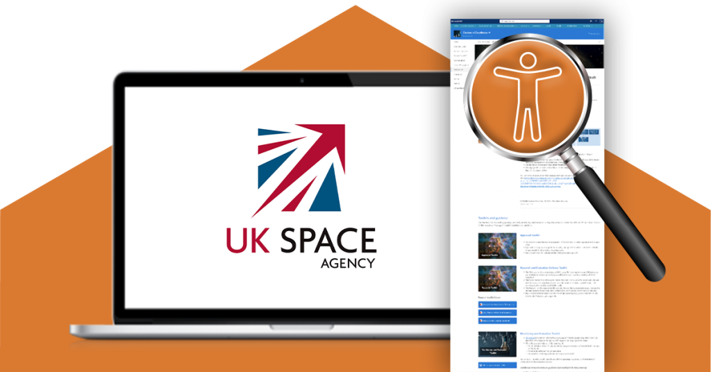 A laptop is displaying the UK Space Agency's logo next to a screenshot of their intranet's homepage