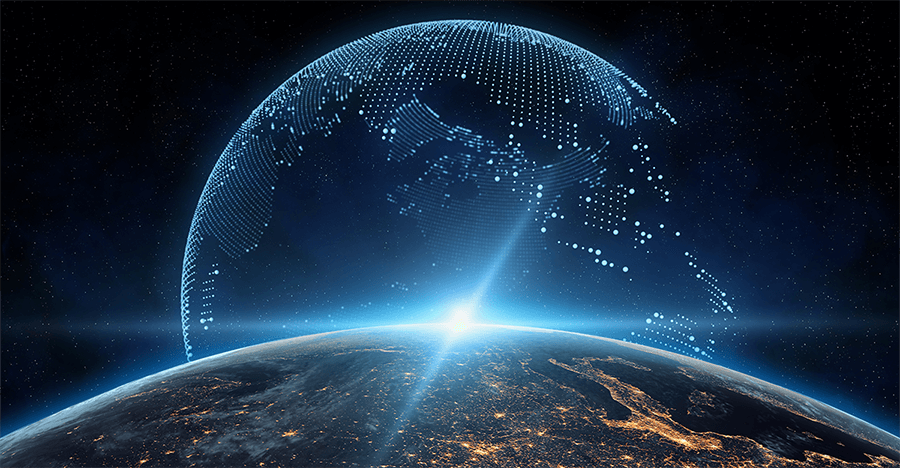 In space hovering above the earth is a replica of the planet, which has been made in digital form