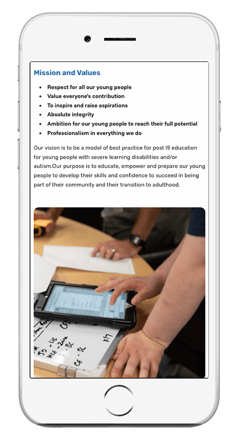 A white mobile phone is showing Trinity Specialists College's responsive design. On the screen is the College's mission and values