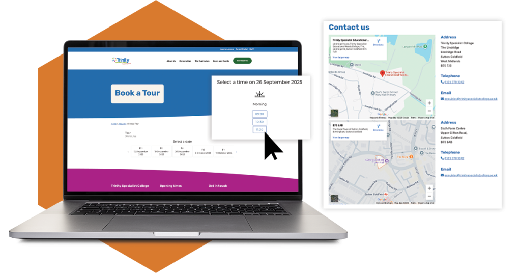 A laptop is displaying Trinity Specialist College's'Book A Tour' feature and interactive Google Maps APIs