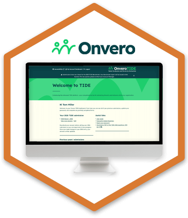 A desktop monitor is sitting on an orange hexagon. Displayed on the screen is Overo's TIDE benchmarking dashboard, which provides information on how to submit and entry, gain access to completed previous reports and gives access to a range of useful guidance links.