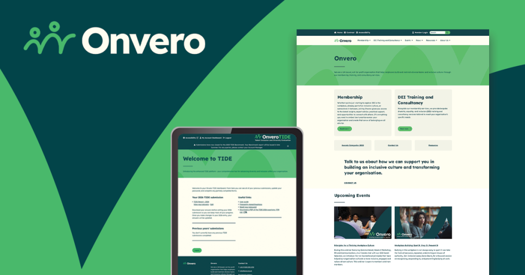 Onvero's new striking vivid green and cream homepage and a tablet device showing their sub-site TIDE in the same branding