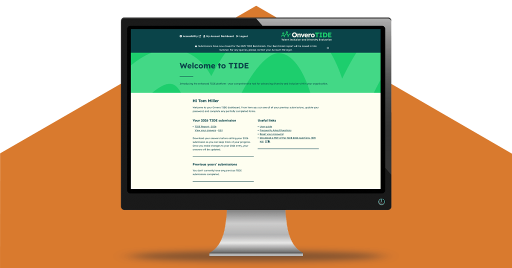 A desktop monitor is sitting on an orange hexagon. Displayed on the screen is Overo's TIDE benchmarking dashboard, which provides information on how to submit and entry, gain access to completed previous reports and gives access to a range of useful guidance links.