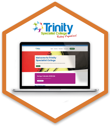 A silver laptop is displaying Trinity Specialist College's homepage