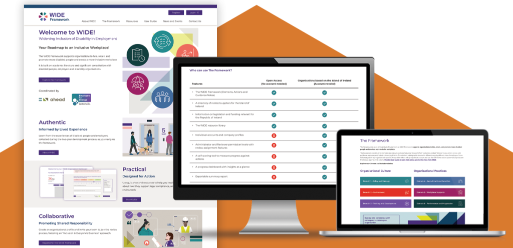 A modern, sleek homepage for the WIDE Framework is next to a desktop monitor which is displaying who can use the Framework and a laptop explaining the Framework’s organisational culture and priorities