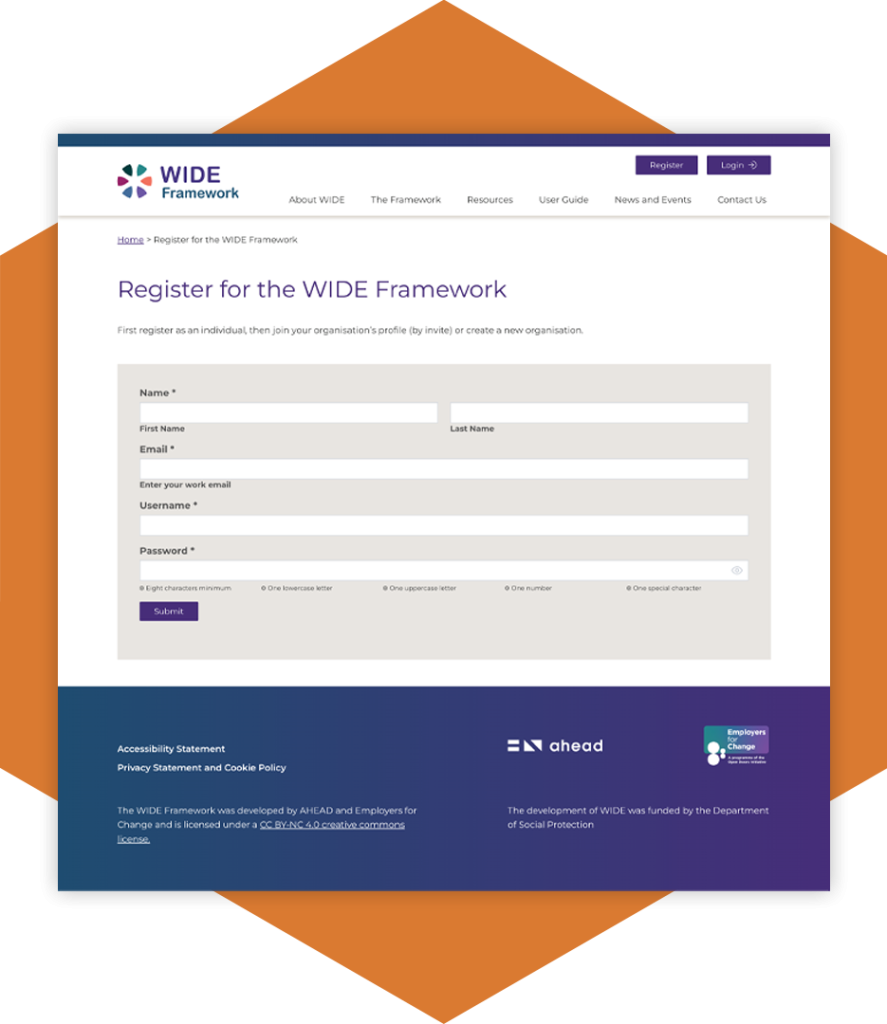 A website element is displaying an accessible form to enable users to register for the WIDE Framework