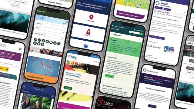 Mobile phones are stacked in a row of 2025 HeX-built accessible web development projects including Onvero, Trinity Specialist College, Fiske, Vision HR, QMUL, University of Winchester, Newark & Sherwood District Council and Sexual Health Services Nottingham and Nottinghamshire.