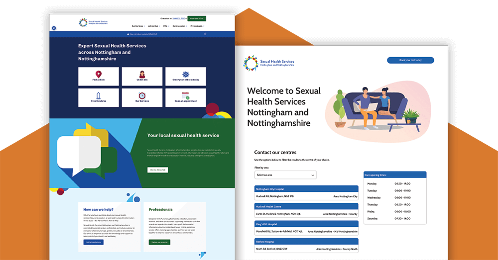 A temporary landing page for Sexual Health Services Nottingham and Nottinghamshire is standing next to their new modern and sleek looking website homepage