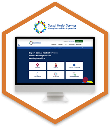 A desktop monitor is displaying Sexual Health Service Nottingham and Nottinghamshire's new homepage