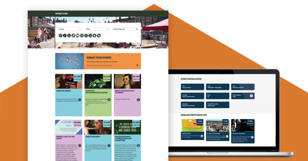 Newark & Sherwood District Council’s What’s On calendar homepage, which has striking, colourful call-to-action blocks and a robust search and filter feature is next to a laptop displaying event information for an activity in the area