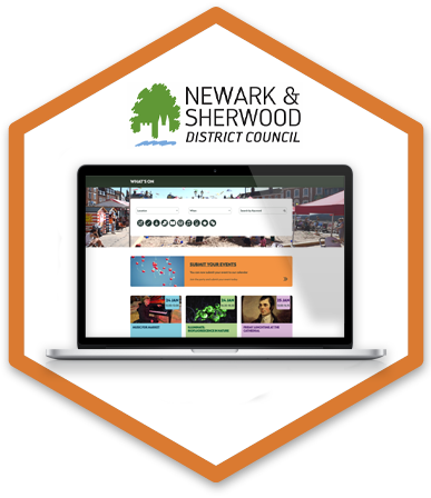 A silver laptop has Newark & Sherwood District Council's What's On calendar displaying on the screen